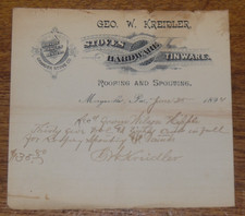 Recibo antigo de 1894 - Geo. Fogões W. Kreidler Hardware - Marysville PA comprar usado  Enviando para Brazil