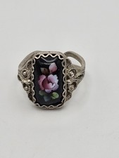 Anel vintage de esmalte floral pintado à mão em tom de prata ajustável comprar usado  Enviando para Brazil