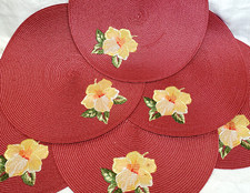 Conjunto de 6 Placemats Flor de Hibisco Bordada 14,5" Redonda Estilo Ilha de Rattan, usado comprar usado  Enviando para Brazil
