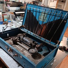 Fogão de acampamento vintage Sears 476.74970 dois queimadores com tanque azul amarelo datado de 1/66 comprar usado  Enviando para Brazil