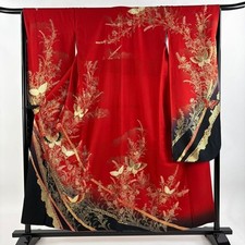 Kimono feminino japonês furisode flor borboleta de seda ouro prata folha vermelha 165,5 comprar usado  Enviando para Brazil