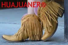 Botas femininas de motocicleta boêmia salto baixo panturrilha média botas de cowboy com franjas sapatos comprar usado  Enviando para Brazil