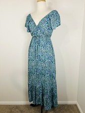 Vestido Karma East tamanho M azul verde floral boho decote em V midi amarrar cintura manga curta comprar usado  Enviando para Brazil
