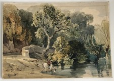 Usado, Pintura antiga em aquarela rio com figura regando um cavalo escola de inglês  comprar usado  Enviando para Brazil