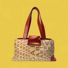 Bolsa de ombro feminina BVLGARI bege vermelha logotipo lona couro tamanho único, usado comprar usado  Enviando para Brazil