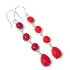 Pedra Preciosa Coral Vermelho 925 Sterling Silver feito à mão Joias Brinco tamanho 2.80", usado comprar usado  Enviando para Brazil