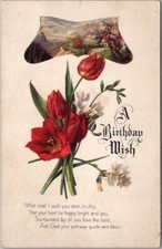 Cartão postal c1910s "Um desejo de aniversário" casa/cena de casa de campo/flores de tulipas vermelhas comprar usado  Enviando para Brazil