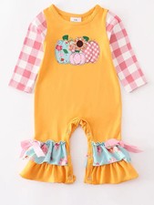 Romper de babado abóbora bebê menina 6mo amarelo mostarda com apliques azuis rosa outono comprar usado  Enviando para Brazil