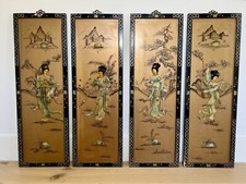 4 painéis de parede embutidos orientais vintage asiáticos ouro laca preta madrepérola 36x12 comprar usado  Enviando para Brazil