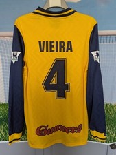 Camisa de futebol Arsenal 1996/1997 Away AMARELA JVC MANGA LONGA VIEIRA 4# GRANDE  comprar usado  Enviando para Brazil