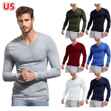 Camiseta masculina slim fit gola V manga longa casual cor sólida camiseta, usado comprar usado  Enviando para Brazil
