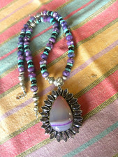 Colar de contas de banco de ônix turquesa pérola esterlina NAVAJO CHAROITE prata vintage 18", usado comprar usado  Enviando para Brazil