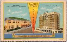 Cartão postal MARLIN, Texas "HOT WELLS" Buie Clinic / Hotel Falls Curteich linho 1936, usado comprar usado  Enviando para Brazil