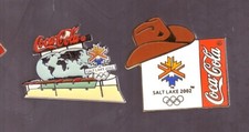 Alfinetes de Coca-Cola das Olimpíadas de Salt Lake City 2002: globo e estádio; chapéu de cowboy comprar usado  Enviando para Brazil