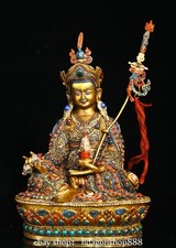 Estátua de Buda Padmasambhava 9" Budismo Tibetano Prata Inlay Gem Dzi Bead Sit Lotus comprar usado  Enviando para Brazil