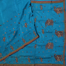 Vintage Blu Sari 100% Seta Ricamato a Mano Floreale Zari Sari 5.5m Craft Tessuto comprar usado  Enviando para Brazil