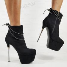 Botas de salto plataforma tornozelo camurça sintética lateral com zíper metal correntes sapatos comprar usado Botas de salto plataforma tornozelo camurça sintética lateral com zíper metal correntes sapatos comprar usado  Enviando para Brazil