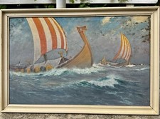 Usado, Pintura a óleo vintage: dois navios vikings a caminho de novas aventuras comprar usado  Enviando para Brazil