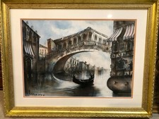 Pintura guache colorida original cena veneziana 2000, assinada, emoldurada, 19" x 13" comprar usado  Enviando para Brazil