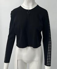 Jaqueta suéter Akris Punto preta cropped manga corte a laser zíper completo tamanho 10 comprar usado  Enviando para Brazil