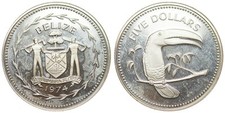 Belize - 5 dólares 1974 - Tucano com bico de quilha, prata comprar usado  Enviando para Brazil