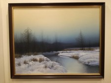 Obraz olejny Lewicki 1991, zimowy pejzaż, 90x70 cm, z ramą 100x80 cm na sprzedaż  PL
