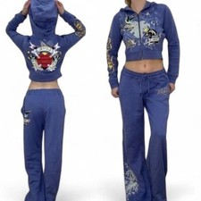 Conjunto de moletom com capuz Ed Hardy azul tamanho grande gráfico Y2K comprar usado  Enviando para Brazil