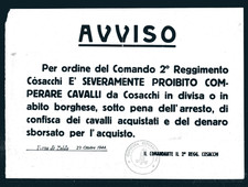 RSI volantino FORNO DI ZOLDO 23/10/1944  2 REGG.TO COSACCHI PROIBITO COMPERARE.. comprar usado  Enviando para Brazil