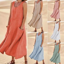 Vestido maxi feminino linha A algodão linho sem mangas regata gola redonda vestidos de verão ∂ comprar usado  Enviando para Brazil