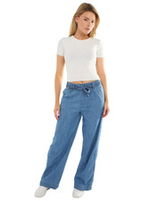 Jeans feminino Ex M&S perna larga cintura elástica com cinto azul 100% algodão leve comprar usado  Enviando para Brazil