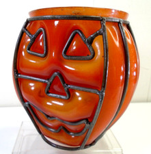 Vtg laranja vidro abóbora de Halloween em metal esqueleto gaiola castiçal 6 "vaso comprar usado  Enviando para Brazil