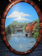 Roda d'água vintage oval com moldura vidro convexo pintura reversa folha 21,75" X 15.", usado comprar usado  Enviando para Brazil
