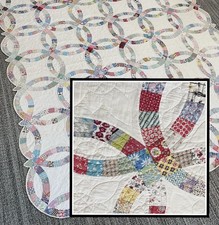 Colcha antiga de anel de casamento duplo 77” x 89” feita à mão recortada leitura! comprar usado  Enviando para Brazil