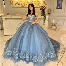 Vestidos de festa azul Quinceanera fora do ombro frisado vestido 16 anos comprar usado  Enviando para Brazil