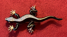 Broszka Salamander Gekon Jaszczurko Modna biżuteria Stras Czarna Złota 7,5cm Vintage na sprzedaż  Wysyłka do Poland