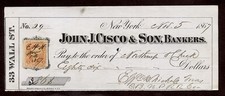 CHEQUE BANCÁRIO 2c RECEITA JOHN J. CISCO&SON BANKERS N.Y. 1867 ASSINADO NICKOLS NPRR CO comprar usado  Enviando para Brazil