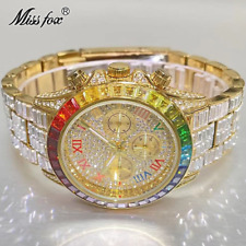 Relógio masculino hip hop luxo personalizado bling totalmente gelo diamante gelado dourado colorido comprar usado  Enviando para Brazil