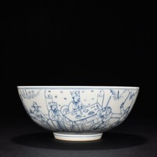 9“China antiga Qing Kangxi azul e branco linha desenho personagem enredo tigela comprar usado  Enviando para Brazil