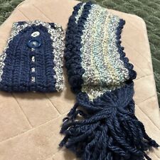 Cachecol de croche vintage feito à mão e aquecedor de orelha em azul/branco, verde, roxo comprar usado  Enviando para Brazil