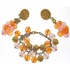 Conjunto de Brinco Clipe Pulseira Vintage Rosa Laranja Plástico Pendurado Cha Cha Flor Dourada, usado comprar usado  Enviando para Brazil