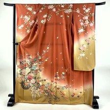 Quimono japonês fino SEDA "FURISODE" folha de ouro, espátula, SAKURA, bege-rosa, L5'8"..4513 comprar usado  Enviando para Brazil