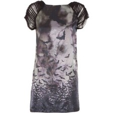 Mini vestido McQ por Alexander McQueen cetim estampa de morcego gótico punk emo Halloween tamanho 46 comprar usado  Enviando para Brazil
