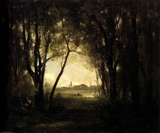 Usado, Maravilhosa pintura a óleo Corot - Paisagem com um lago em tela de floresta ao pôr do sol comprar usado  Enviando para Brazil