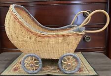 Carrinho de bebê vintage marrom com acabamento azul e rodas de vime rattan carrinho de bebê rodas móveis comprar usado  Enviando para Brazil