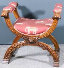 XIX-wieczny rzeźbiony antyk X rama krzyżowa fotel stołek różowy satynowy tapicerka na sprzedaż  Wysyłka do Poland