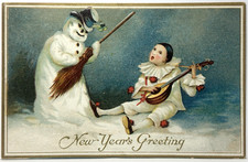 Cartão postal de ano novo boneco de neve palhaço Pierrot vassoura musical bandolim comprar usado  Enviando para Brazil