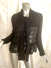 Blusa de seda feminina Escada Eshah preta manga comprida com lantejoulas 40 MSRP $1295 comprar usado  Enviando para Brazil