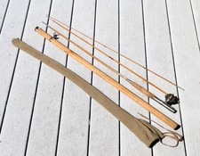 Vara de pesca antiga com mosca de bambu 3 seções com suporte de bambu e estojo de lona comprar usado  Enviando para Brazil