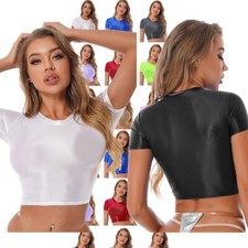 Camiseta feminina brilhante óleo manga curta gola redonda slim fit roupa esportiva comprar usado  Enviando para Brazil