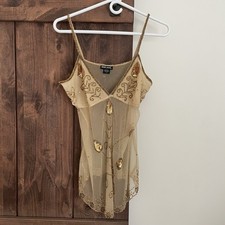 Regata vintage Y2K com selo úmido dourada malha transparente folhas frisadas cami transparente tamanho grande comprar usado  Enviando para Brazil